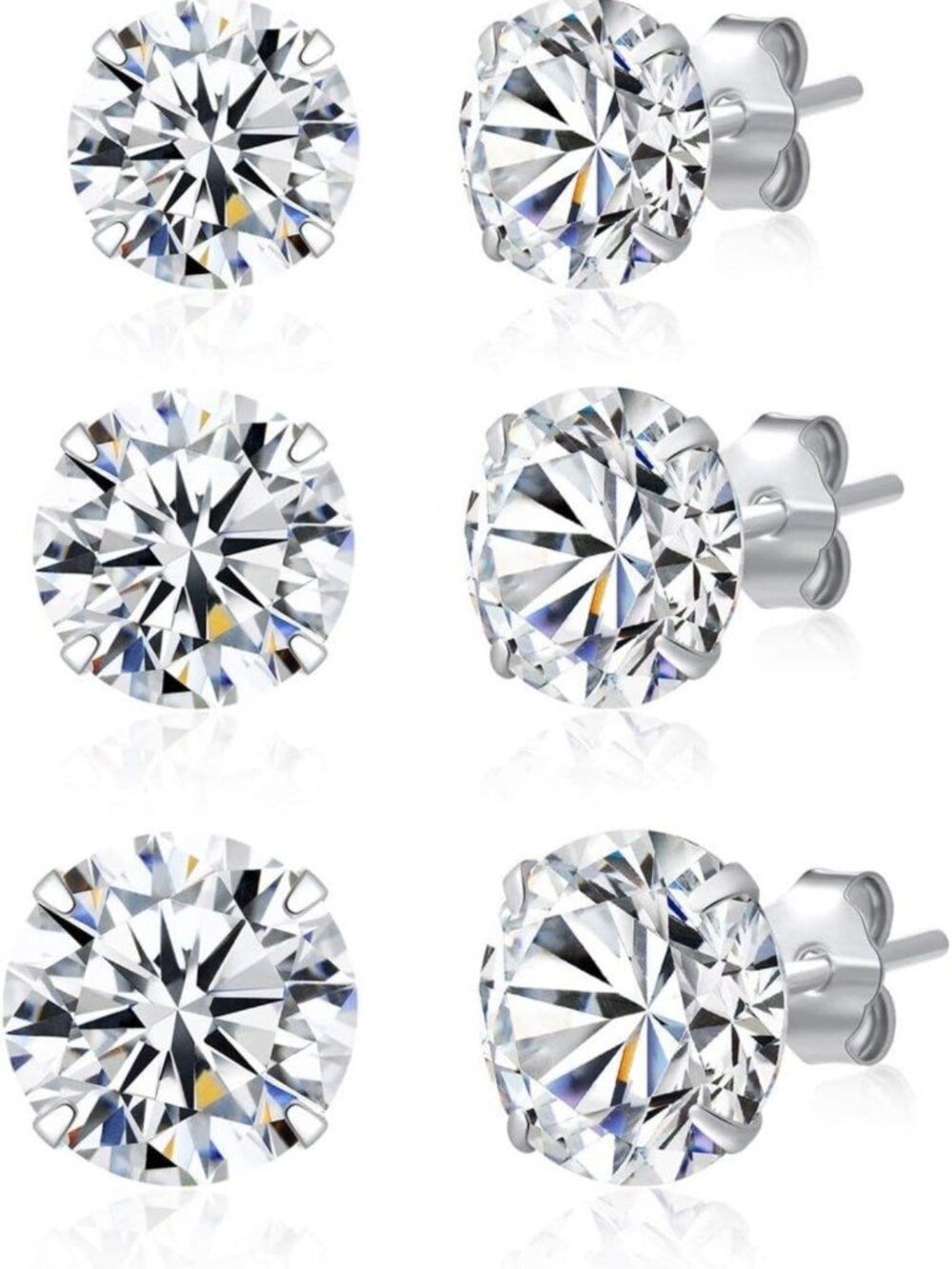 3 Pairs 925 Sterling Silver CZ Stud Earrings Set for Men & Women, 3-8mm